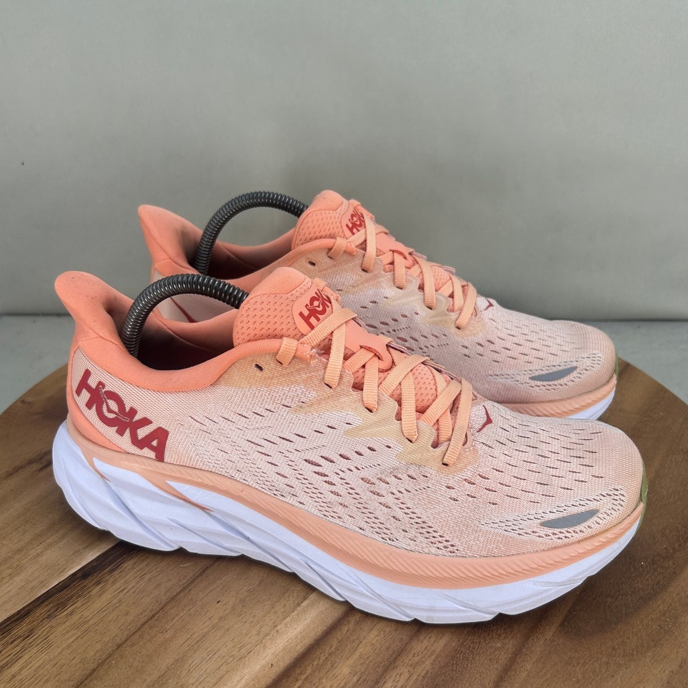Hoka One One Womens Clifton 8 Cantaloupe Silver Peony Running Shoes Size 10 B